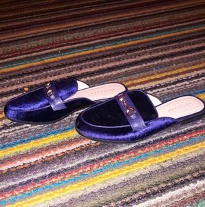 Navy blue suede loafer slides